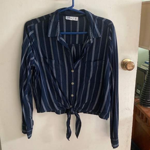 Hollister Tops - Hollister Button-down Tie, Dark Blue, White, Tie Bottom, Long Sleeve, Women's M